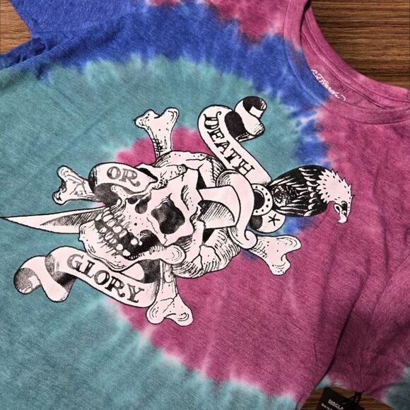 Ed Hardy Blue And Pink Tie Dye Logo Cropped Tee Shirt NWT - Picture 2 of 5